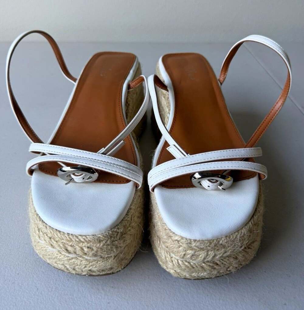 Rahonali Womenโs White Leather Espadrille Wedge Sandals Slip On Straps 10